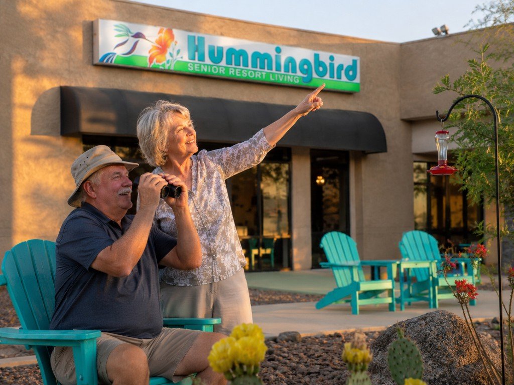 Residents enjoying birdwatching at Hummingbird Senior Resort Living