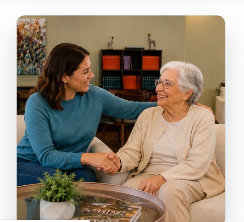 A caregiver and senior resident sharing a supportive moment at Hummingbird Senior Resort Living
