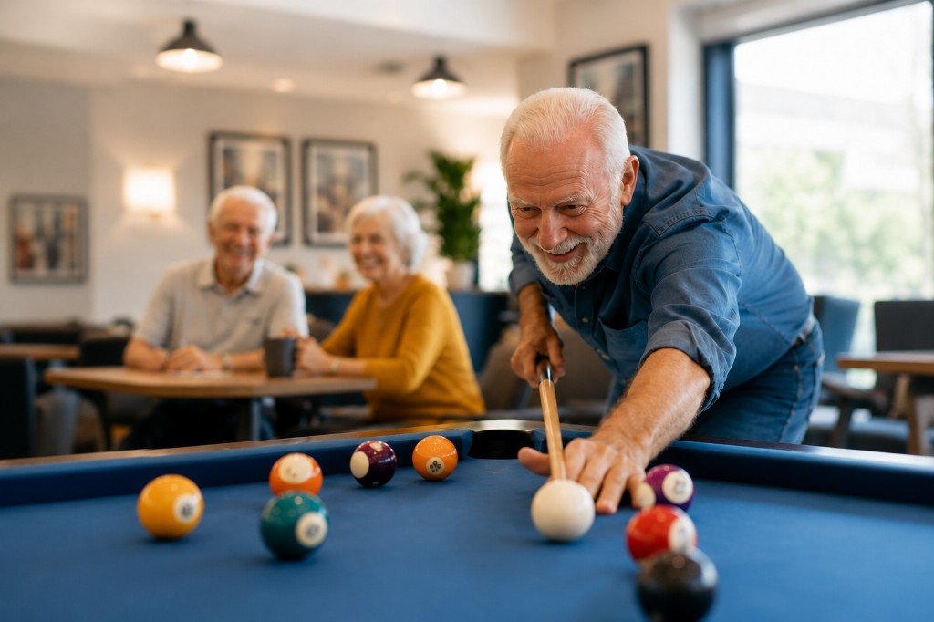 Residents enjoying the game room at Hummingbird